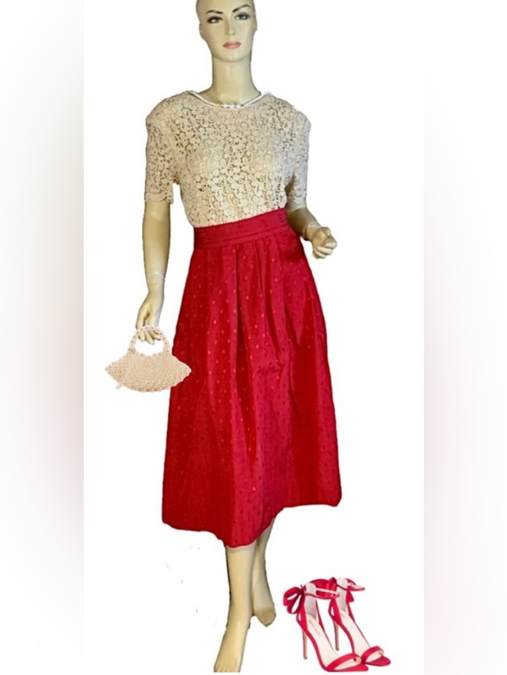 VINTAGE 1980'S DARYLE ALEXANDER RED PLEATED A-LINE SKIRT WITH EMBROIDERY (14)